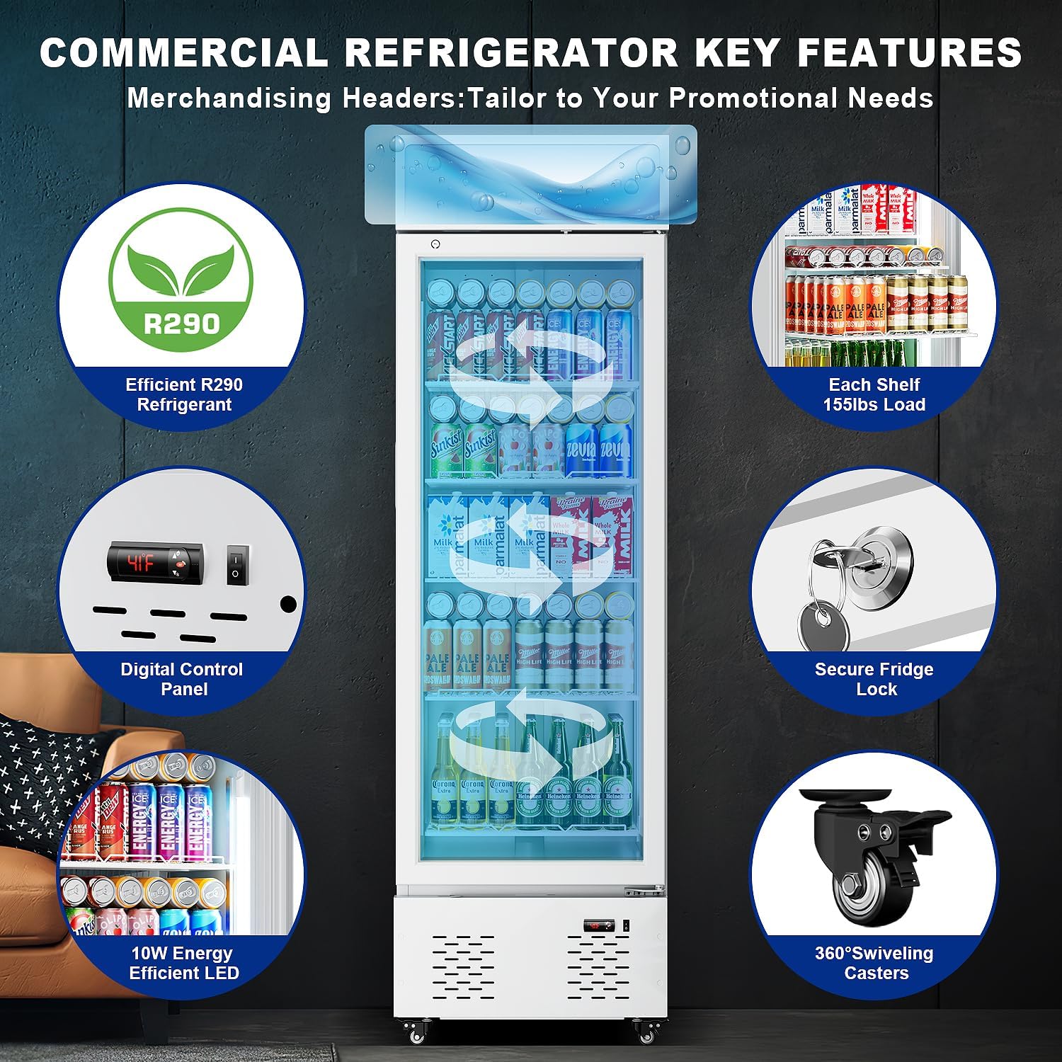 11 Cu.ft White Commercial Display Refrigerator Cooler,Glass Door Beverage Refrigerators with LED Light and 5 Shelves