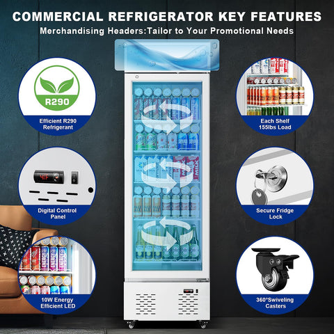 11 Cu.ft White Commercial Display Refrigerator Cooler,Glass Door Beverage Refrigerators with LED Light and 5 Shelves