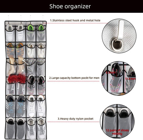 SAVERHO Over the Door Shoe Organizer, Hanging Shoe Organizer with 24 Mesh Large Pockets Door Shoe Rack Organizer for Men Women Kids Hanging Shoe Storage Bag.(White)