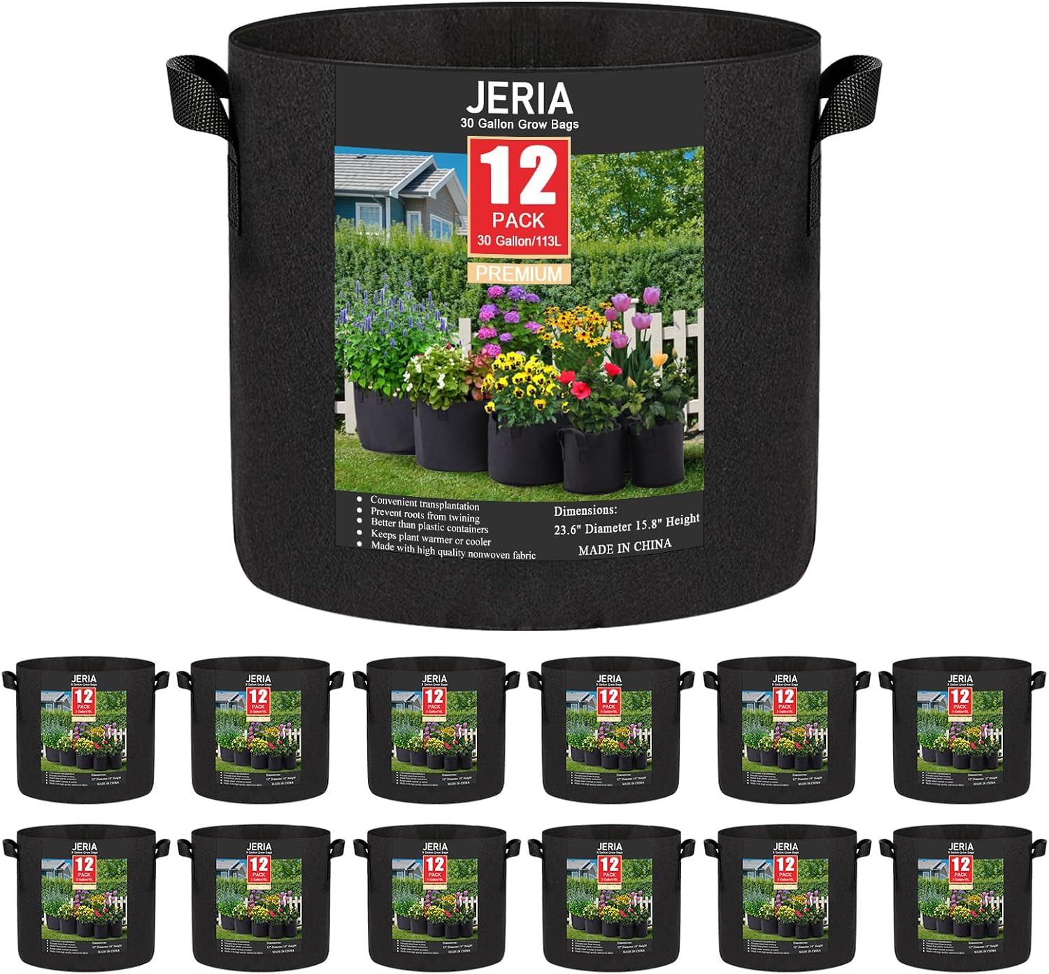 JERIA 12-Pack 30 Gallon Grow Bags, 300G Thickened Nonwoven Garden Pots,Heavy Duty Fabric Pots with Reinforced Handles
