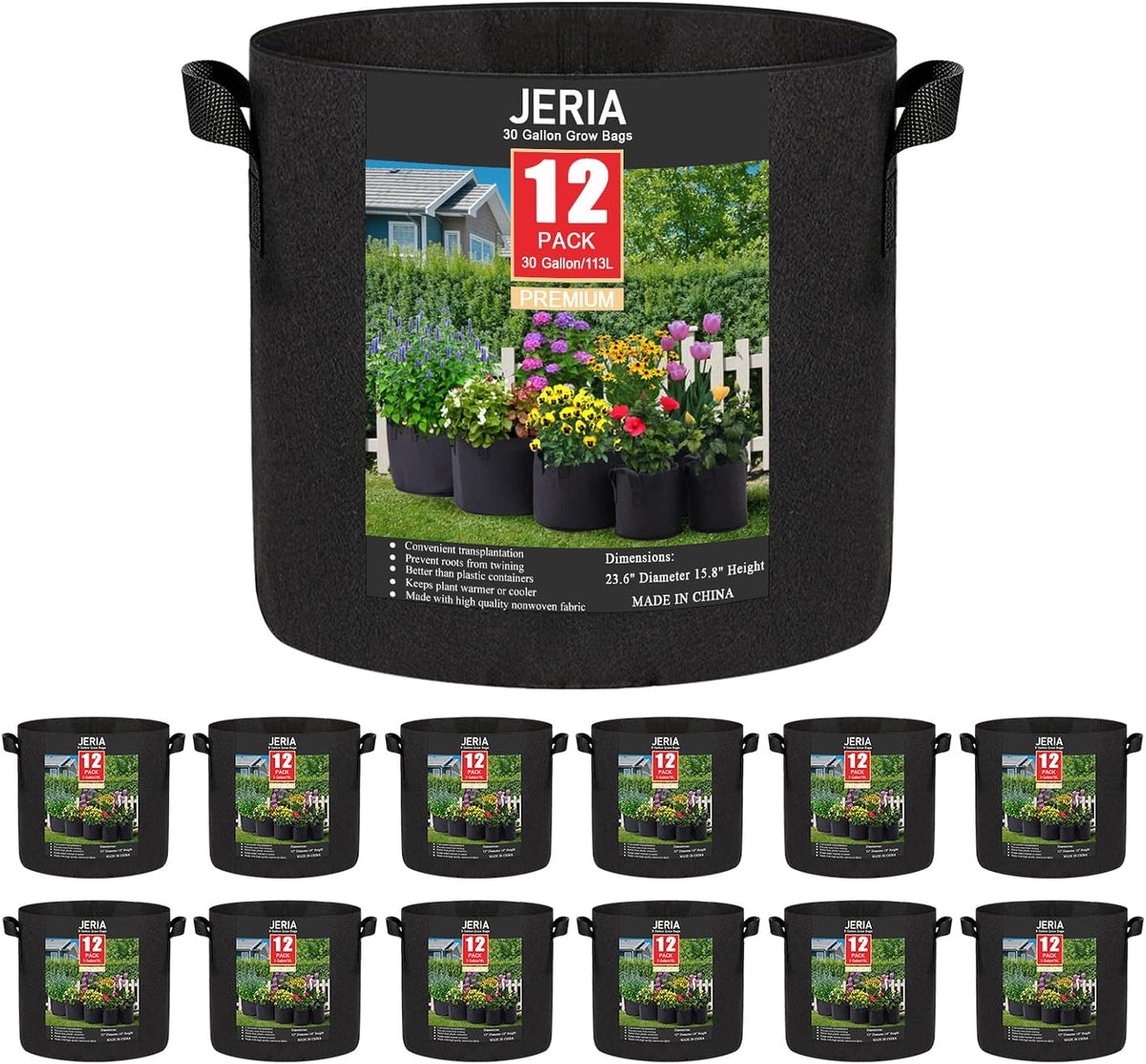 JERIA 12-Pack 30 Gallon Grow Bags, 300G Thickened Nonwoven Garden Pots,Heavy Duty Fabric Pots with Reinforced Handles