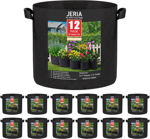 JERIA 12-Pack 30 Gallon Grow Bags, 300G Thickened Nonwoven Garden Pots,Heavy Duty Fabric Pots with Reinforced Handles