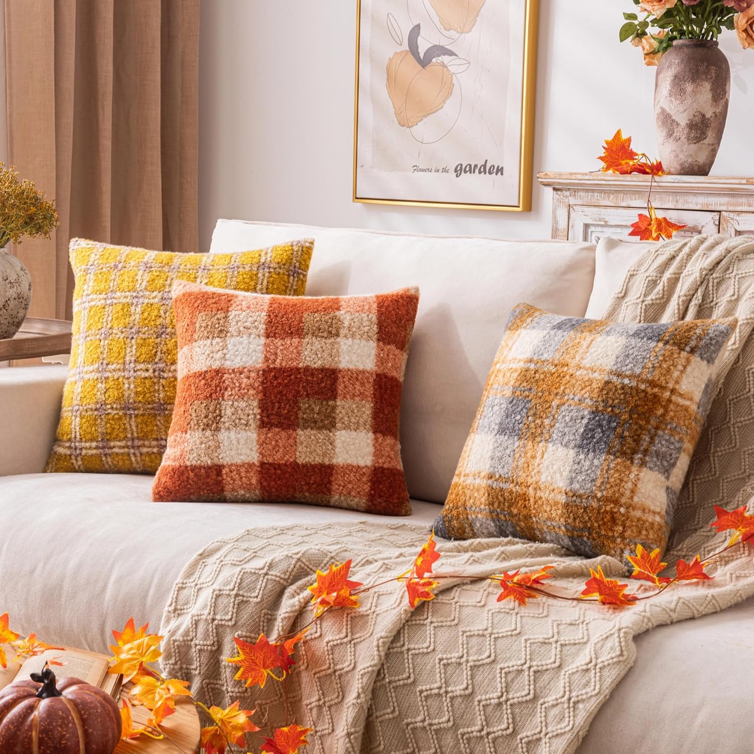 AQOTHES Plaid Fall Throw Pillow Covers Orange 24x24 Inch Set of 2