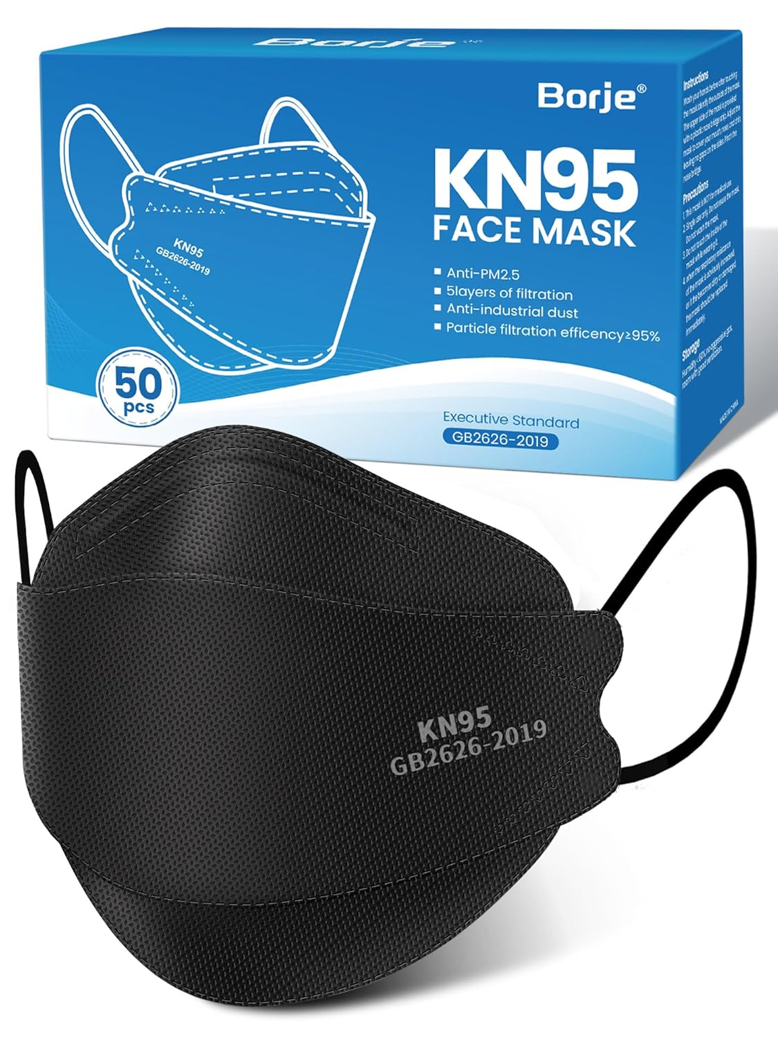 Borje KN95 Face Masks for Adults 50 Pack,5-Ply Black Disposable Face Mask Against PM 2.5 Smoke & Dust, Filtration Efficiency 95%