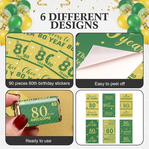 Tenare 90 Pcs 80th Birthday Candy Wrappers, Green and Gold Stickers