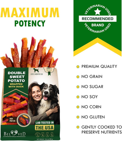 Beloved Pets Sweet Potato Dog Treats & Healthy Duck Chews 10.6 Oz - Puppy Snacks & Soft Bones for Large, Medium & Small Breeds - Natural Dog Food & Grain-Free, Rawhide-Free Training Jerky Wraps