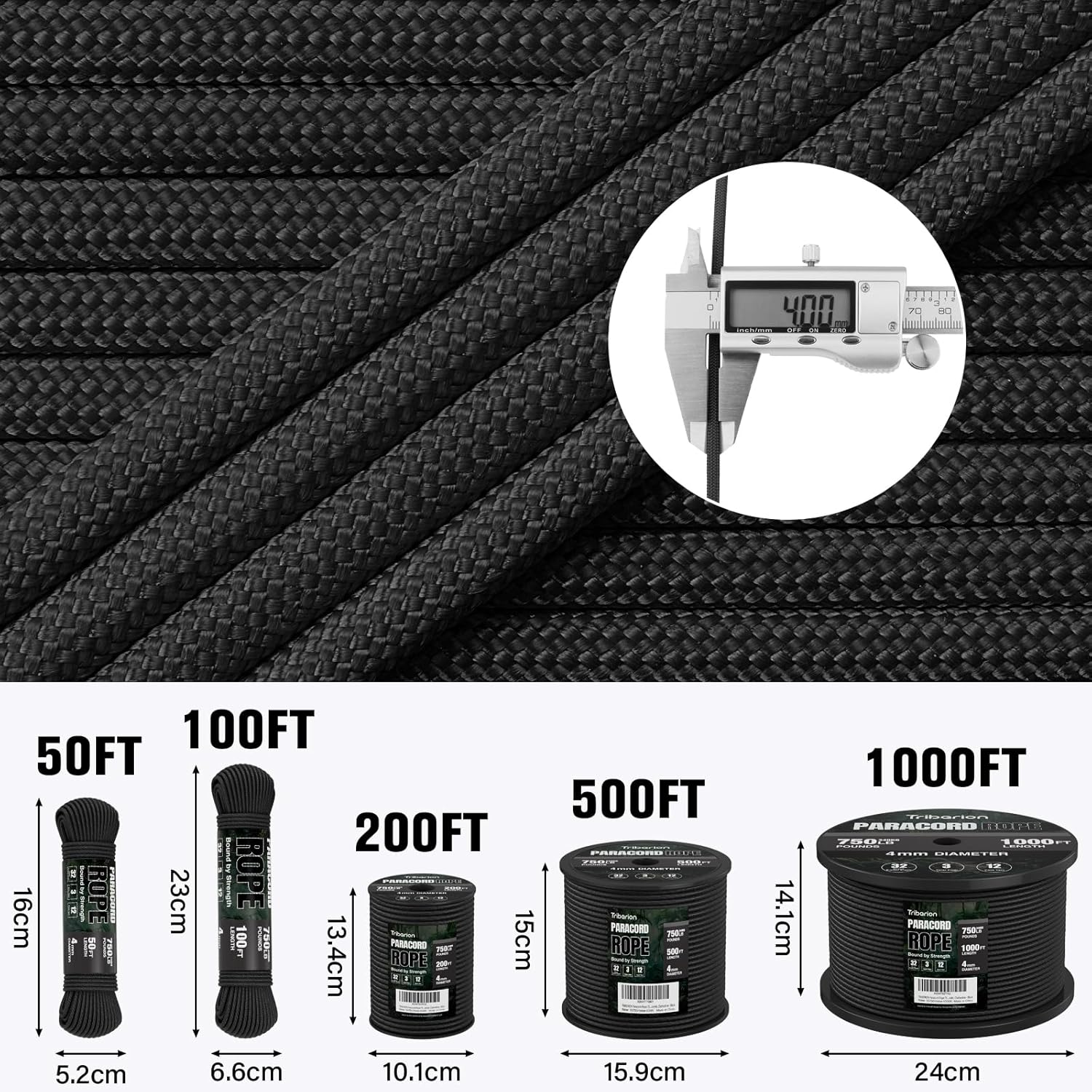 Paracord Rope 750 lb - 1000ft / 500ft / 200ft / 100ft 5/32" Parachute Cord 4MM 12-Strand para Cord - Heavy Duty Spool String for Survival,Camping Gear, Survival Bracelet, Clothesline