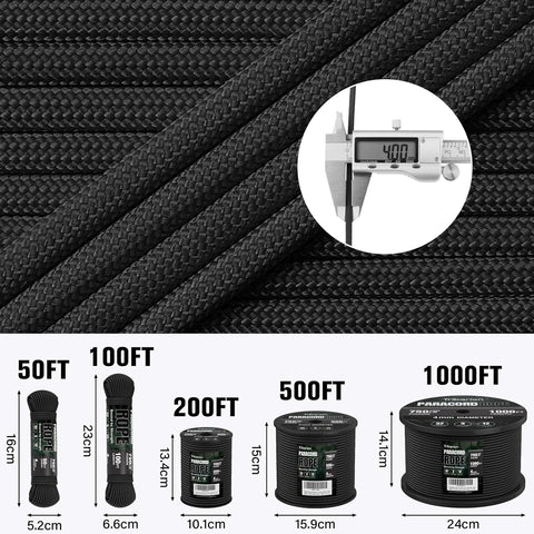 Paracord Rope 750 lb - 1000ft / 500ft / 200ft / 100ft 5/32" Parachute Cord 4MM 12-Strand para Cord - Heavy Duty Spool String for Survival,Camping Gear, Survival Bracelet, Clothesline
