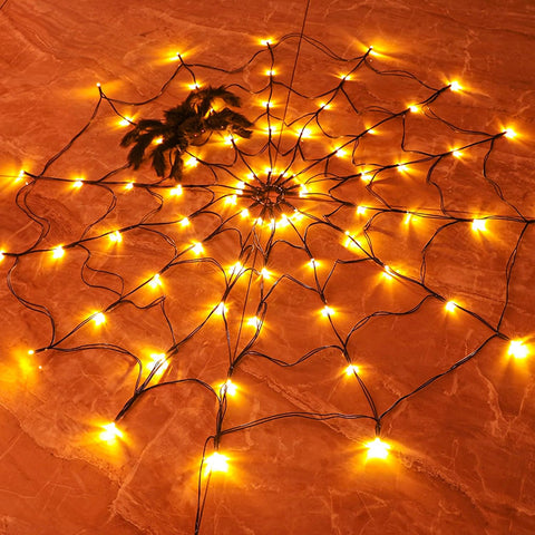FUNPENY Halloween 80 LED Orange Spider Web Lights with Spider, Battery Powered 8 Modes Light up Cobweb Halloween Decorations for Indoor Ourdoor Garden Yard Home Patio (Orange)