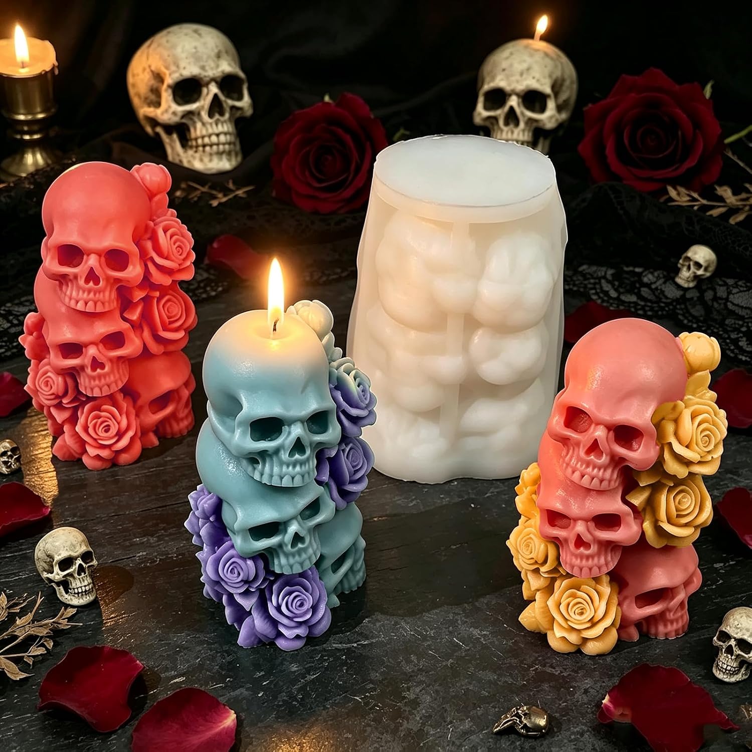 Halloween Candle Mold, 3 Layer Columnar Rose Skull Candle Mold