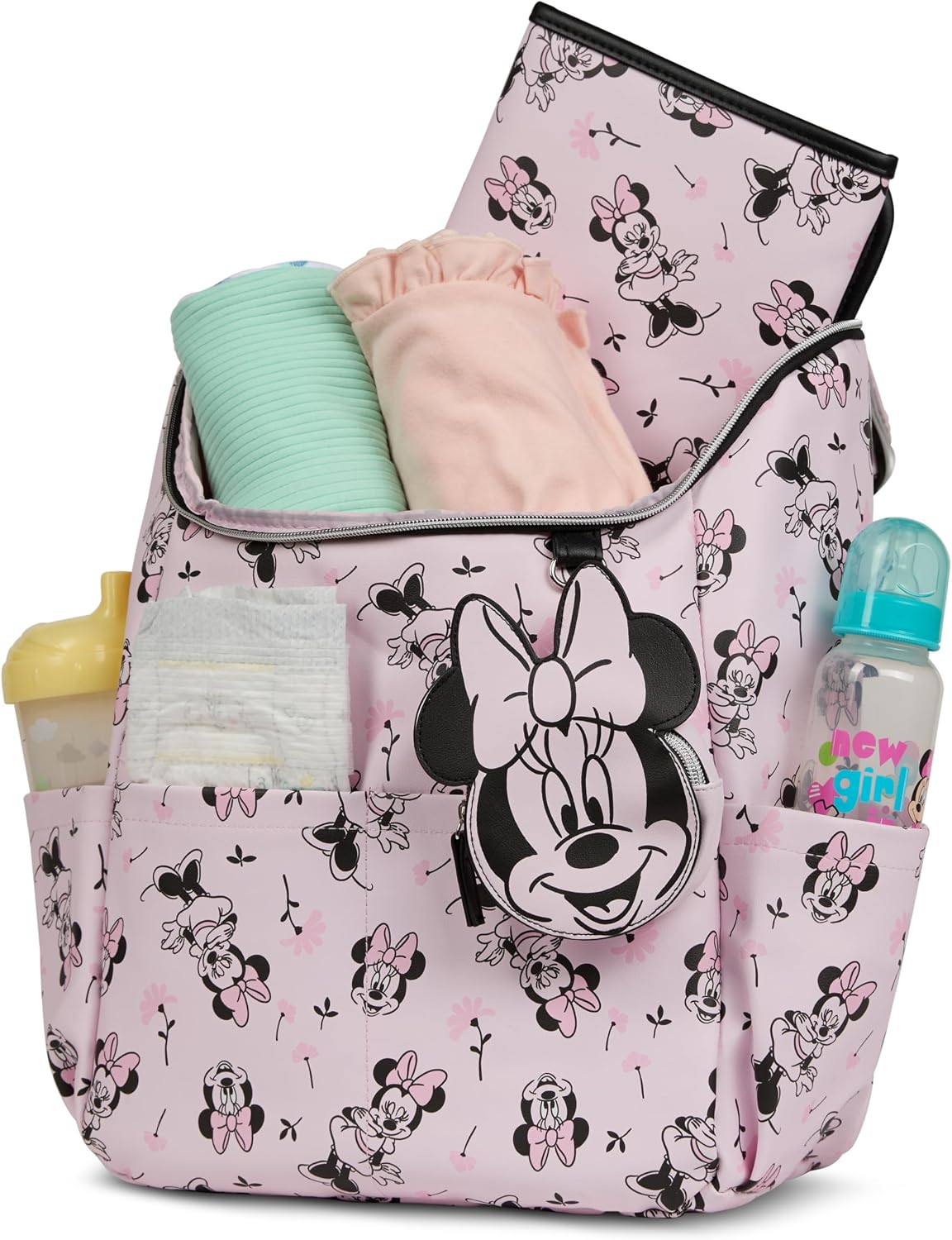Disney Diaper Bag Backpack with Changing Pad Minnie Mouse – 16” Nylon Baby Bag for Parents, Insulated Bottle Holders, Multiple Storage Pockets