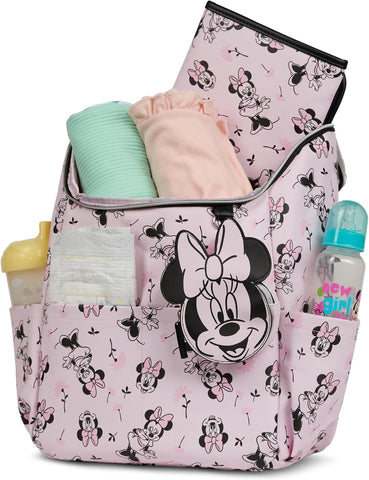 Disney Diaper Bag Backpack with Changing Pad Minnie Mouse – 16” Nylon Baby Bag for Parents, Insulated Bottle Holders, Multiple Storage Pockets