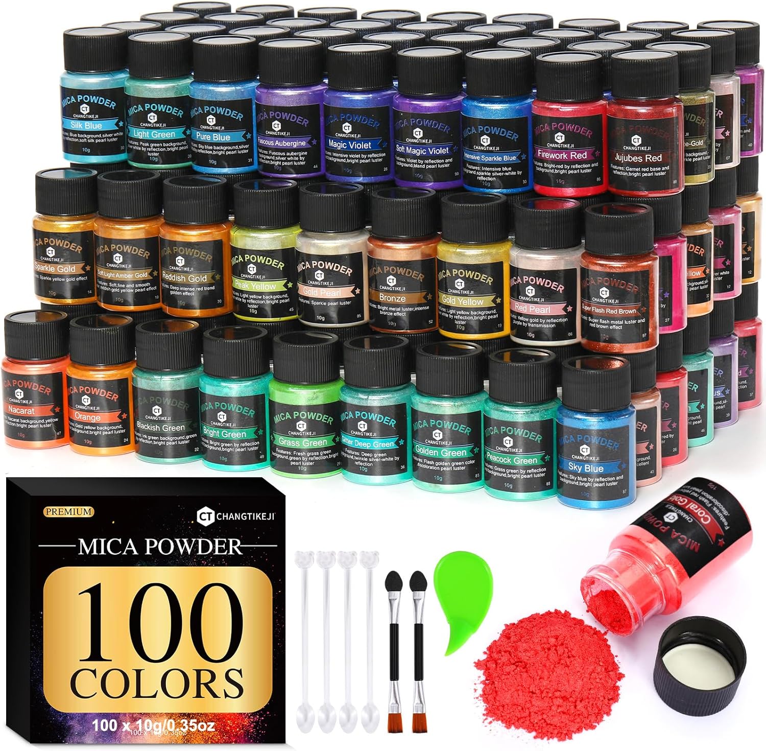 CHANGTIKEJI Mica Powder, 100 Colors - 10g/Bottle of Natural Pigment Powder