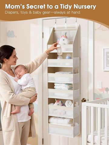 Criusia Over the Door Organizer, 6-Shelf Closet Hanging Storage with 13 Mesh Pockets, 55lbs Capacity Behind the Door Storage for Baby Nursery, Bathroom, Bedroom, and Dorm, Beige