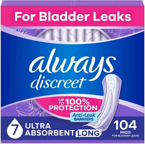 Always Discreet Adult Incontinence Pads for Women, Drier, 7 Drop Long Length, Ultra Absorbency, Pads for Bladder Control Management, Bladder Leaks, Overnight & Postpartum Pads, 104ct