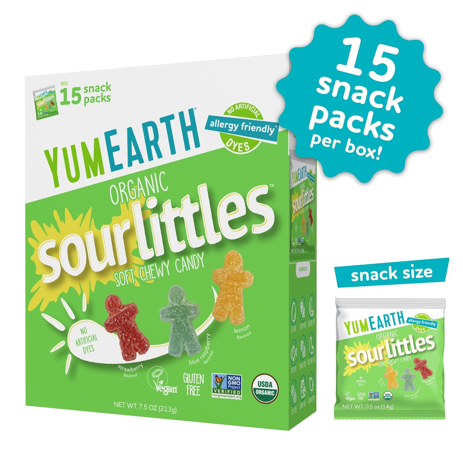 YumEarth Organic Sour Littles Chewy Candy, 0.5oz Snack Packs (Box of 15)