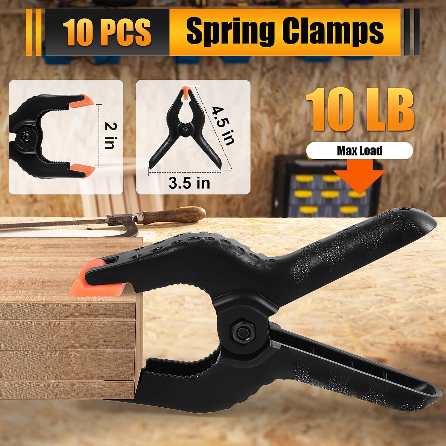 RELBRO Spring Clamps, 4.5 Inch Plastic Clips, Heavy Duty, Black, 10 Pcs
