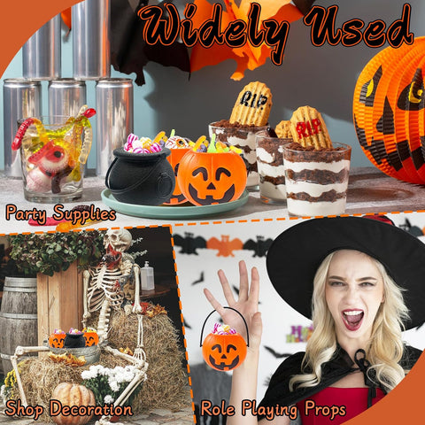 24 Pcs Halloween Mini Candy Buckets,Portable Pumpkin Buckets with Handle,Plastic Witch Cauldrons for Halloween Party Favors,Home Décor,Trick or Treat Accessories