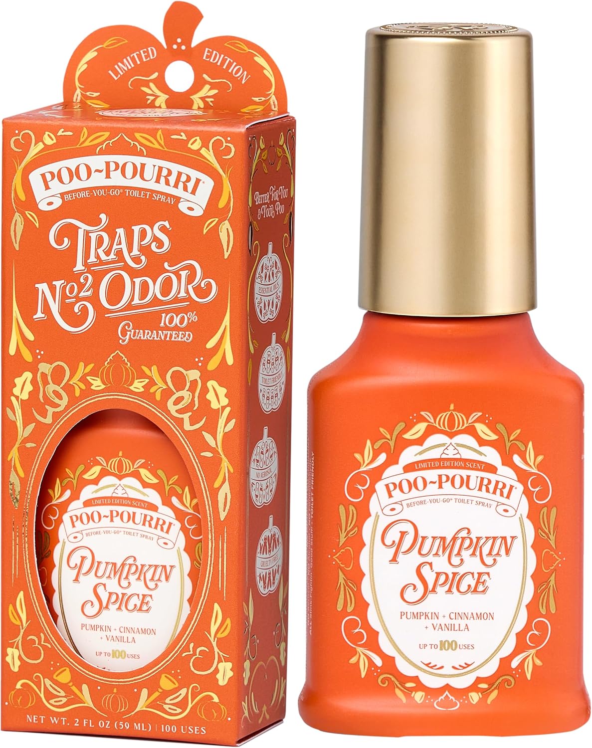 Poo~Pourri Pumpkin Spice 2 fl oz Before-You-Go Toilet Spray - Up to 100 Uses - Trap Bathroom Odor - Plant Based Ingredients - Travel Essentials - Pumpkin, Cinnamon, and Vanilla