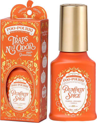 Poo~Pourri Pumpkin Spice 2 fl oz Before-You-Go Toilet Spray - Up to 100 Uses - Trap Bathroom Odor - Plant Based Ingredients - Travel Essentials - Pumpkin, Cinnamon, and Vanilla