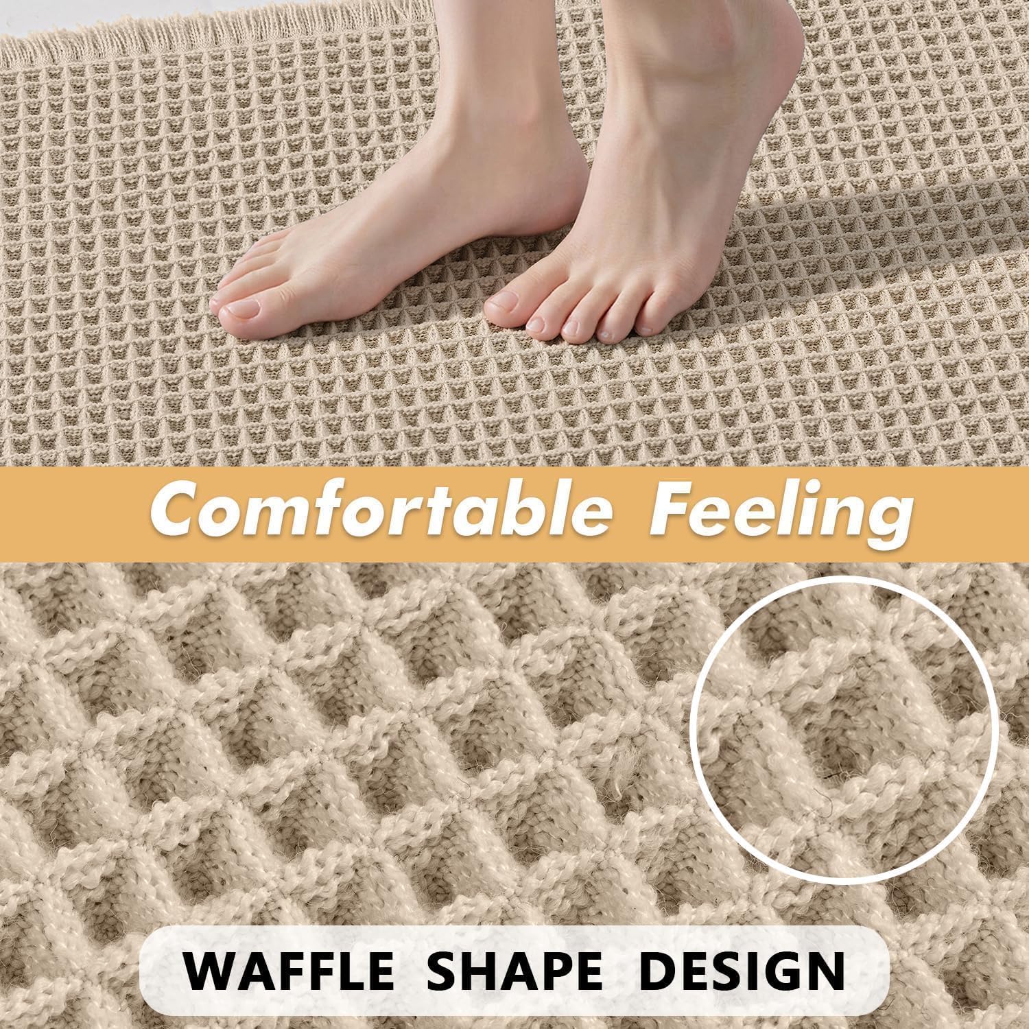 MIULEE Set of 2 Waffle Bathroom Rugs Boho Bath Mat Pale Beige 18x30 Inch