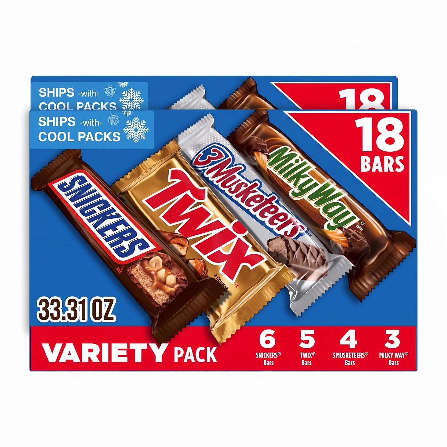SNICKERS, TWIX, MILKY WAY & 3 MUSKETEERS Individually Wrapped Variety Packet Full Size Milk Chocolate Candy Bars Bulk Assortment, 33.31 oz, 18 Bars (Pack of 2)