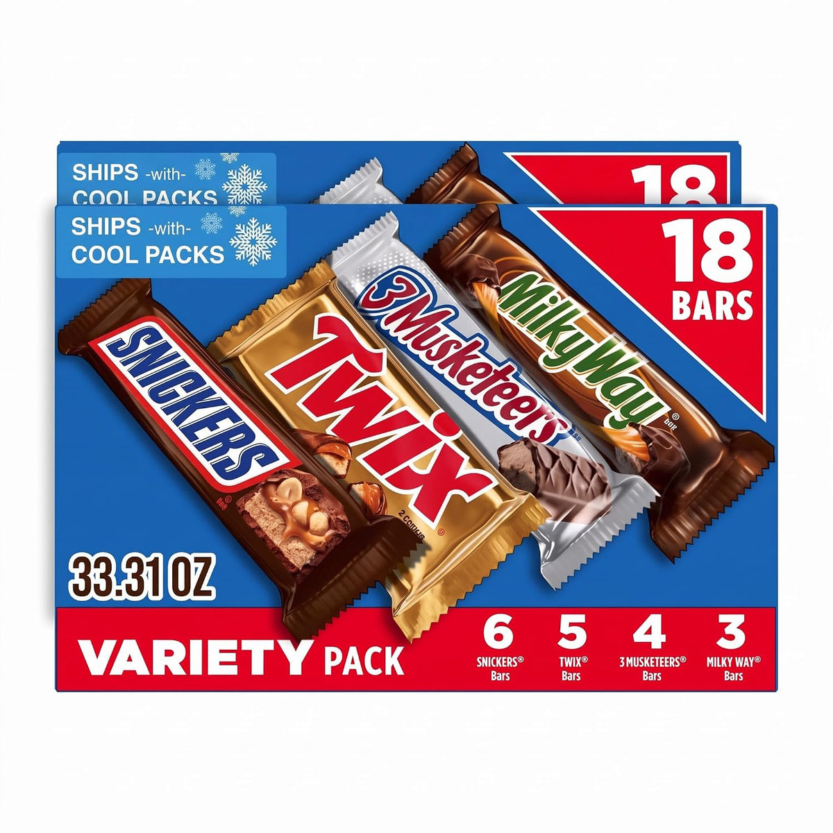 SNICKERS, TWIX, MILKY WAY & 3 MUSKETEERS Individually Wrapped Variety Packet Full Size Milk Chocolate Candy Bars Bulk Assortment, 33.31 oz, 18 Bars (Pack of 2)