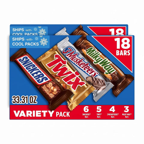 SNICKERS, TWIX, MILKY WAY & 3 MUSKETEERS Individually Wrapped Variety Packet Full Size Milk Chocolate Candy Bars Bulk Assortment, 33.31 oz, 18 Bars (Pack of 2)