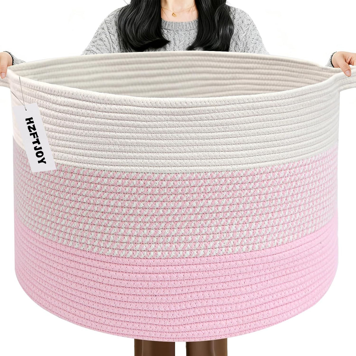 65L Large Blanket Basket,Woven Rope Laundry Basket-Mixed Pink