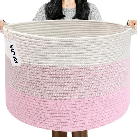 65L Large Blanket Basket,Woven Rope Laundry Basket-Mixed Pink