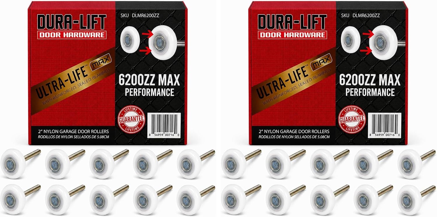 DURA-LIFT Ultra-Life MAX 2" Sealed 6200ZZ Bearing Nylon Garage Door Roller, 4" Stem, Pack of 20