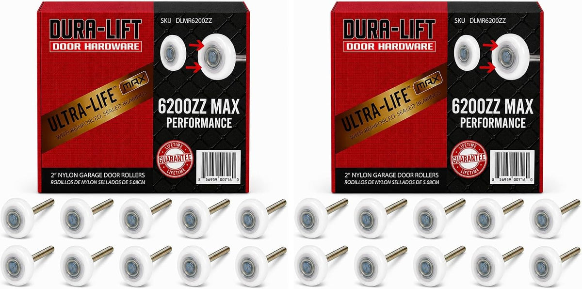 DURA-LIFT Ultra-Life MAX 2" Sealed 6200ZZ Bearing Nylon Garage Door Roller, 4" Stem, Pack of 20