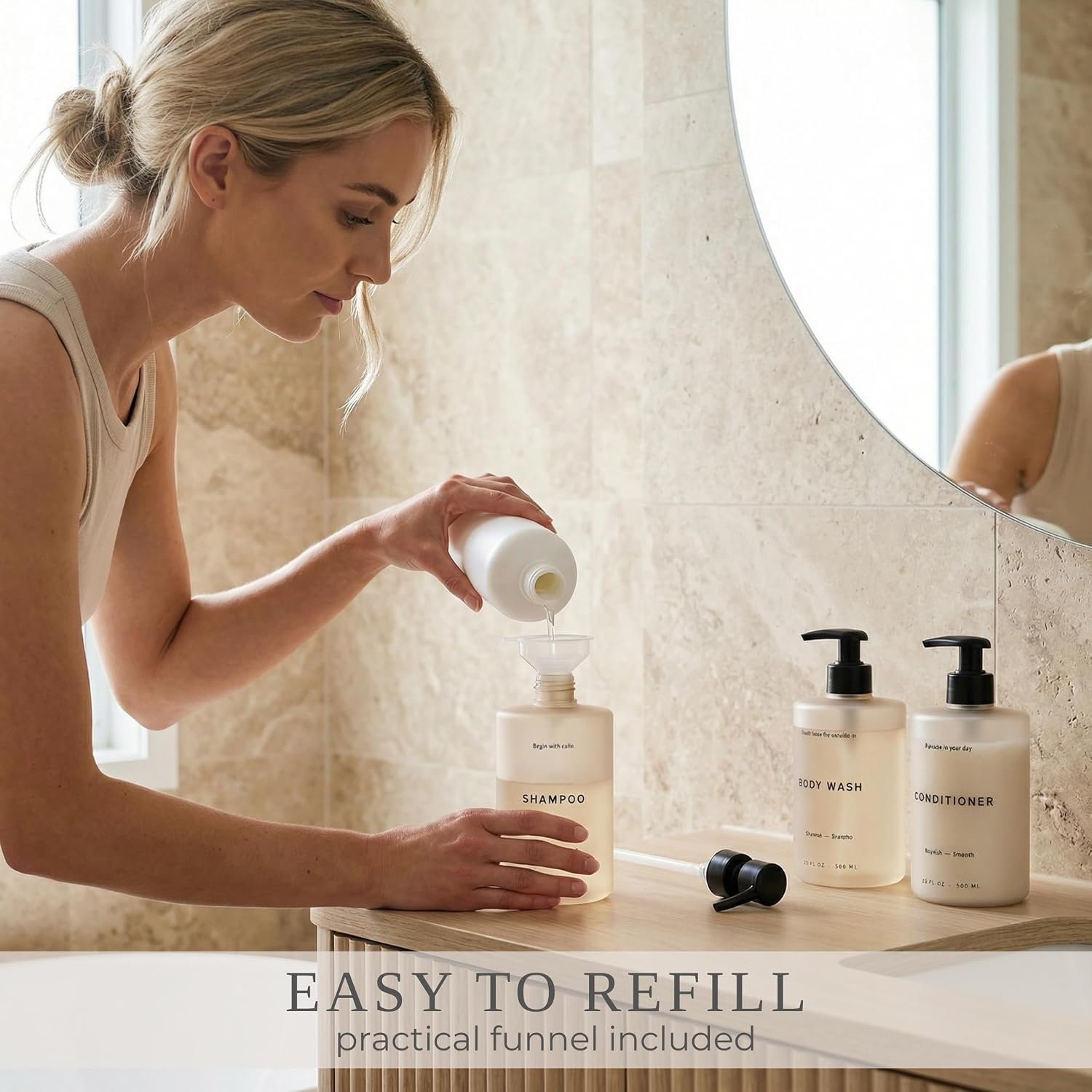 Stylish Shampoo & Conditioner Dispenser Set of 3-20oz Bottles with Pump