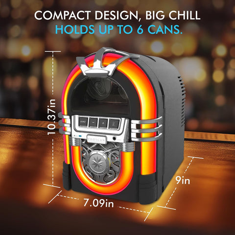 PROSCAN 6-Can Mini Personal Fridge Cooler, Built In Portable Speaker Jukebox Design – Home, Office or Dorm, Bluetooth Beverage Cooler with Removable Shelf – AC and Car Dual Power Cords