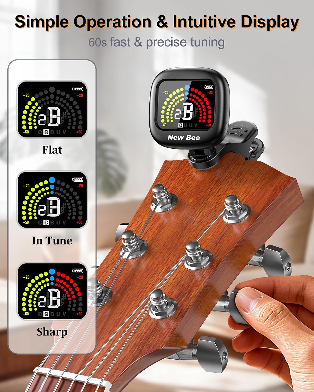 New bee Guitar Tuner Rechargeable, Color Screen Clip On Tuner