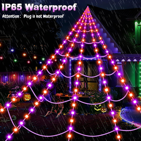 Halloween Decorations Outdoor, 250 LED Halloween Giant Spider Web Lights, 200" Lighted Spiderweb Light up with 8 Modes for Yard Haunted House Decor, Remote Control Without Spider Purple Orange