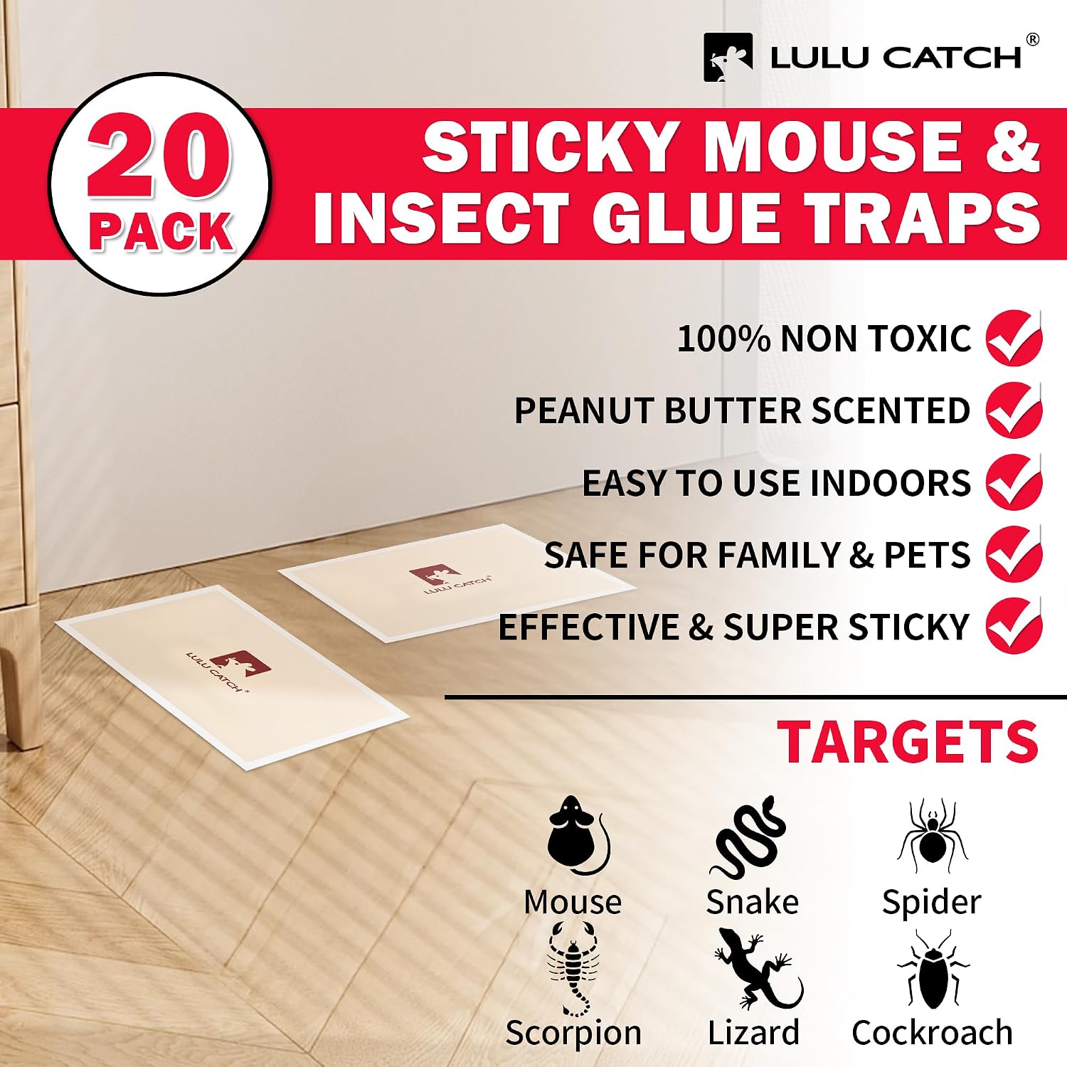 LULUCATCH Mouse Traps, 20 Pack Pre-Baited Sticky Mouse Traps Indoor for Home, Non-Toxic Bulk Sticky Pads, Glue Traps for Rats, Bugs, Spider, Mice, Cockroach, Pet Safe, Easy to Use