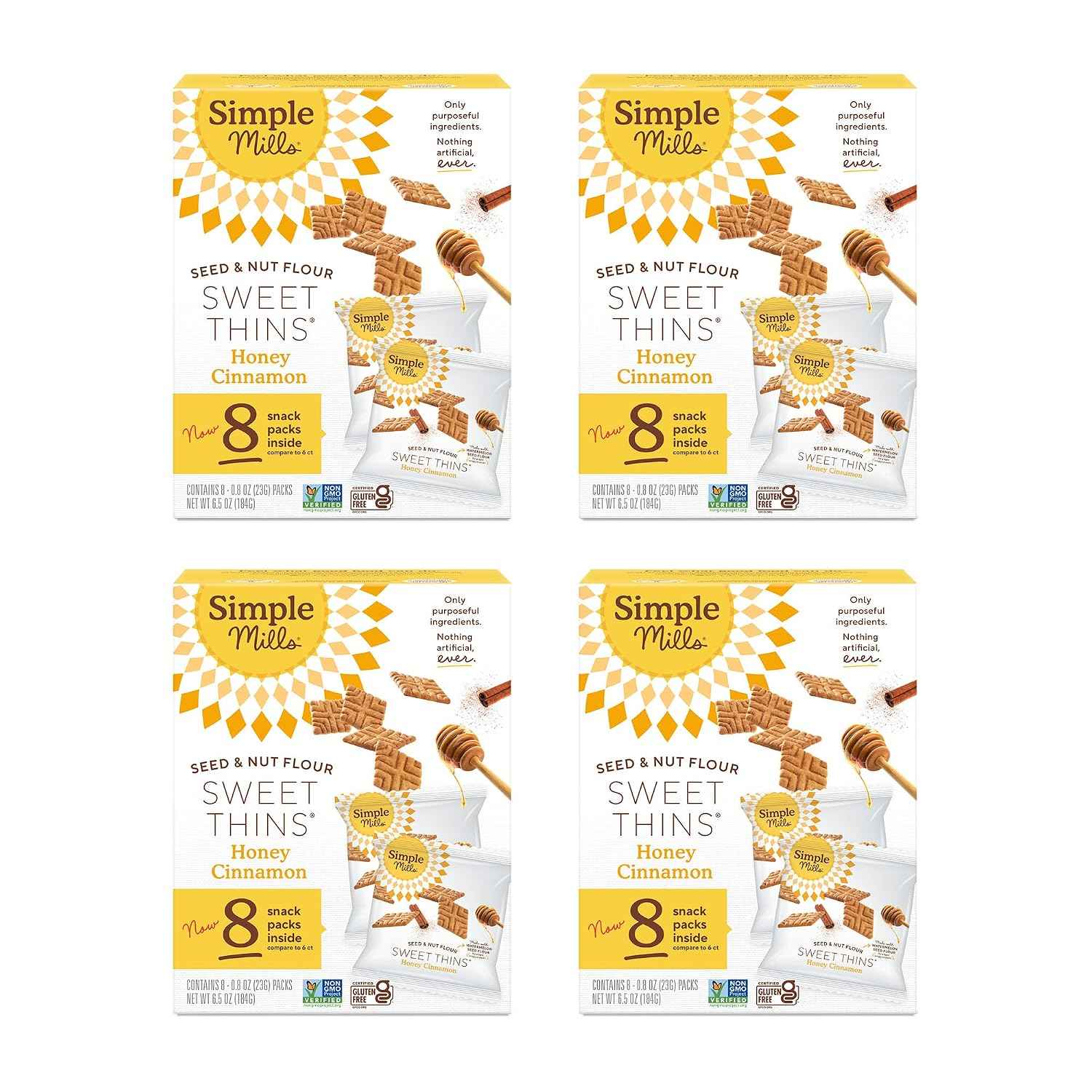 Simple Mills Snack Packs Honey Cinnamon Sweet Thins, Healthy Snacks for Kids, Individual Packs, Seed & Nut Flour, 8 Ct (Pack of 4)