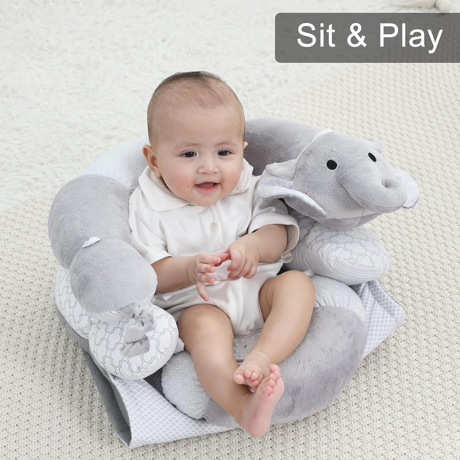 Lovvie & Joy 2-in-1 Tummy Time Mat & Seated Support Pillow,Baby Tummy Time Pillow Support for Newborns and Older Babies,with Detachable Support Pillow and Toys Elephant