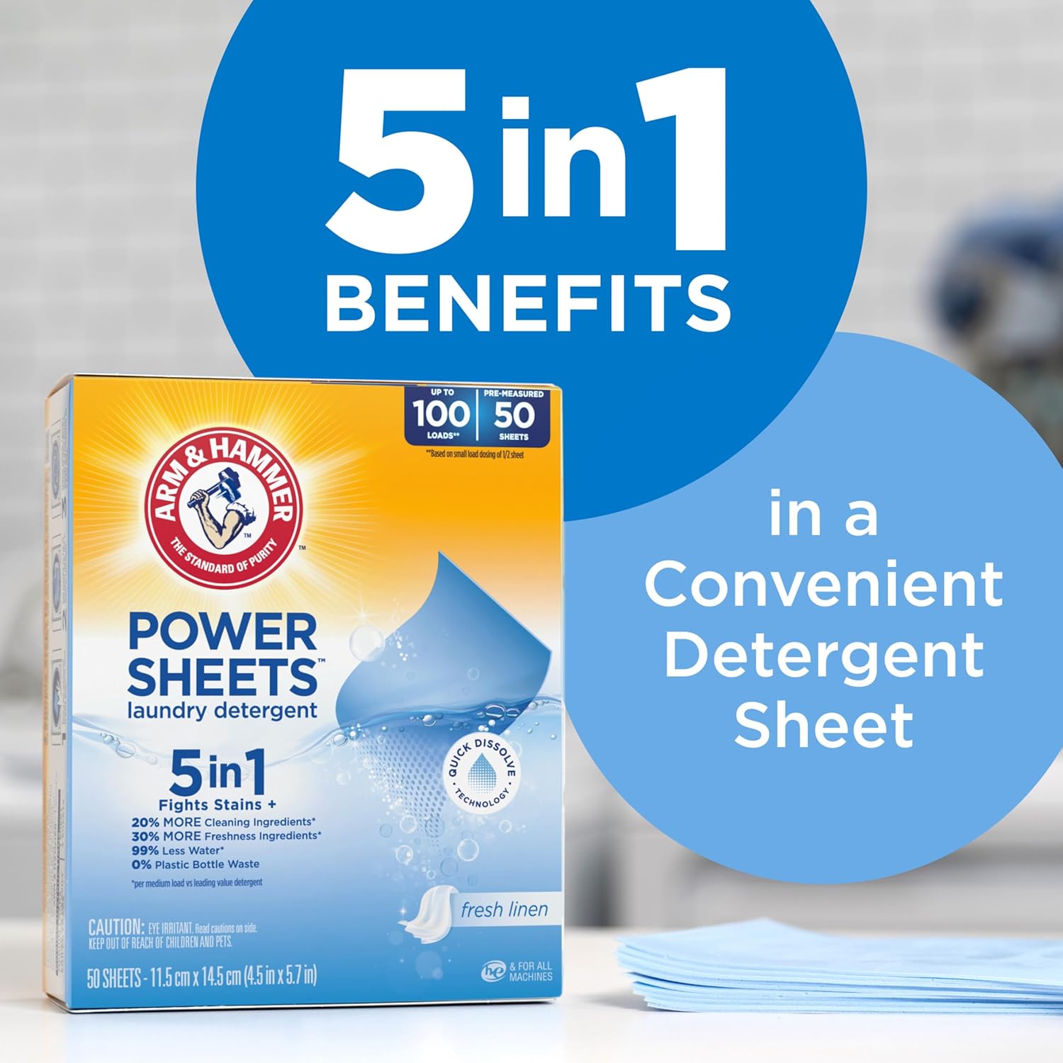 ARM & HAMMER 5-in-1 Power Sheets Laundry Detergent, Fresh Linen, 50 Count