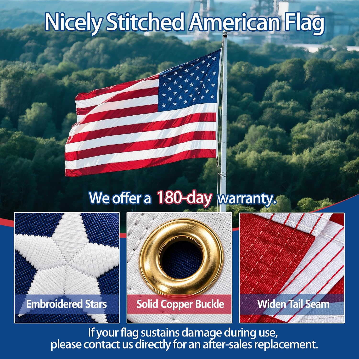 American Flag Made in USA, 3x5 FT Heavy Duty Nylon Outdoor Flag, Super Durable for All-Weather High Wind Use, Fade-Resistant, UV-Protected & Tear-Proof, Longest-Lasting Embroidered Stars US Flag.