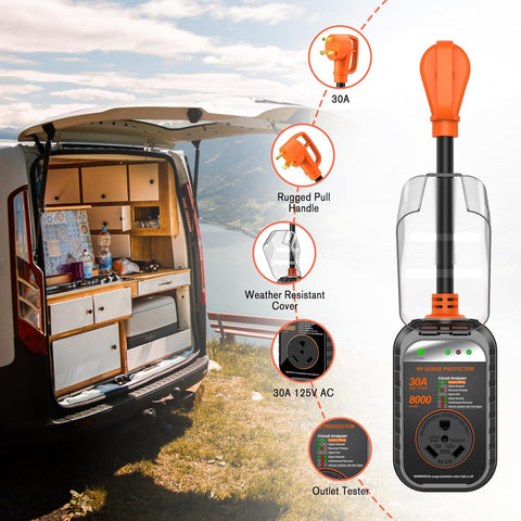 GEARGO RV Surge Protectors 30 Amp RV Circuit Analyzer, [𝟐𝟎𝟐𝟔 𝐍𝐞𝐰 𝐔𝐩𝐠𝐫𝐚𝐝𝐞𝐝 & 𝐆𝐞𝐧𝟐] Full Protection, RV Adapter Plug for Camper(Orange)