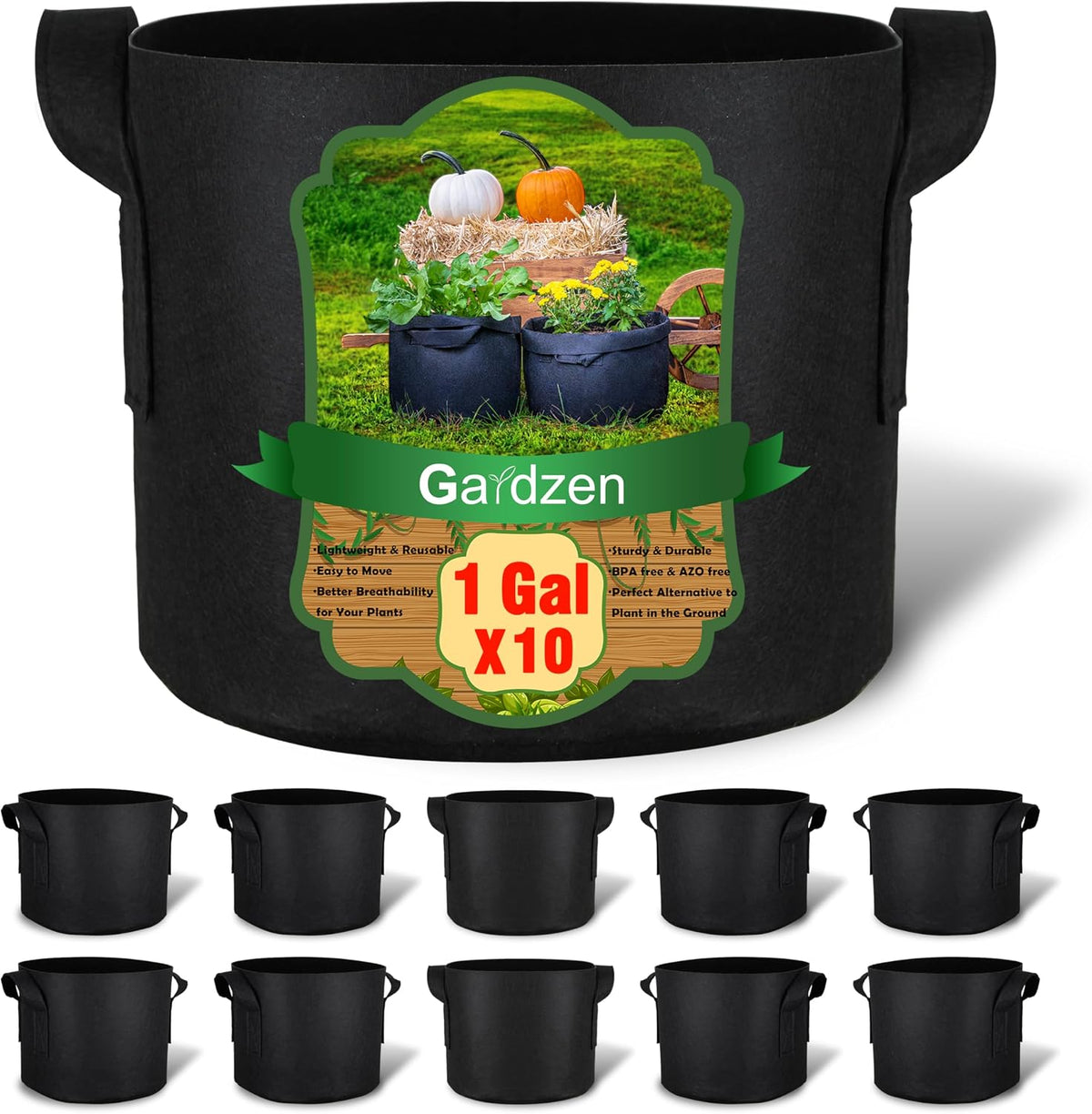 Gardzen 10-Pack 1 Gallon Grow Bags Fabric Pots with Heavy Duty Handles