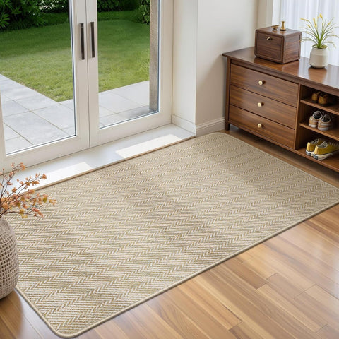 Ultra Thin Door Mat Indoor Entrance 24"x47", Low-Profile Indoor Door Mat, Non Slip Entry Mat Rubber Backing Unique Herringbone Design Inside Doormat Dirt Trapper Entryway Mats, Beige