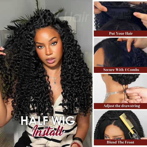 XSY Burmese Curly Half Wig Human Hair for Black Women 18 Inch Natural Black