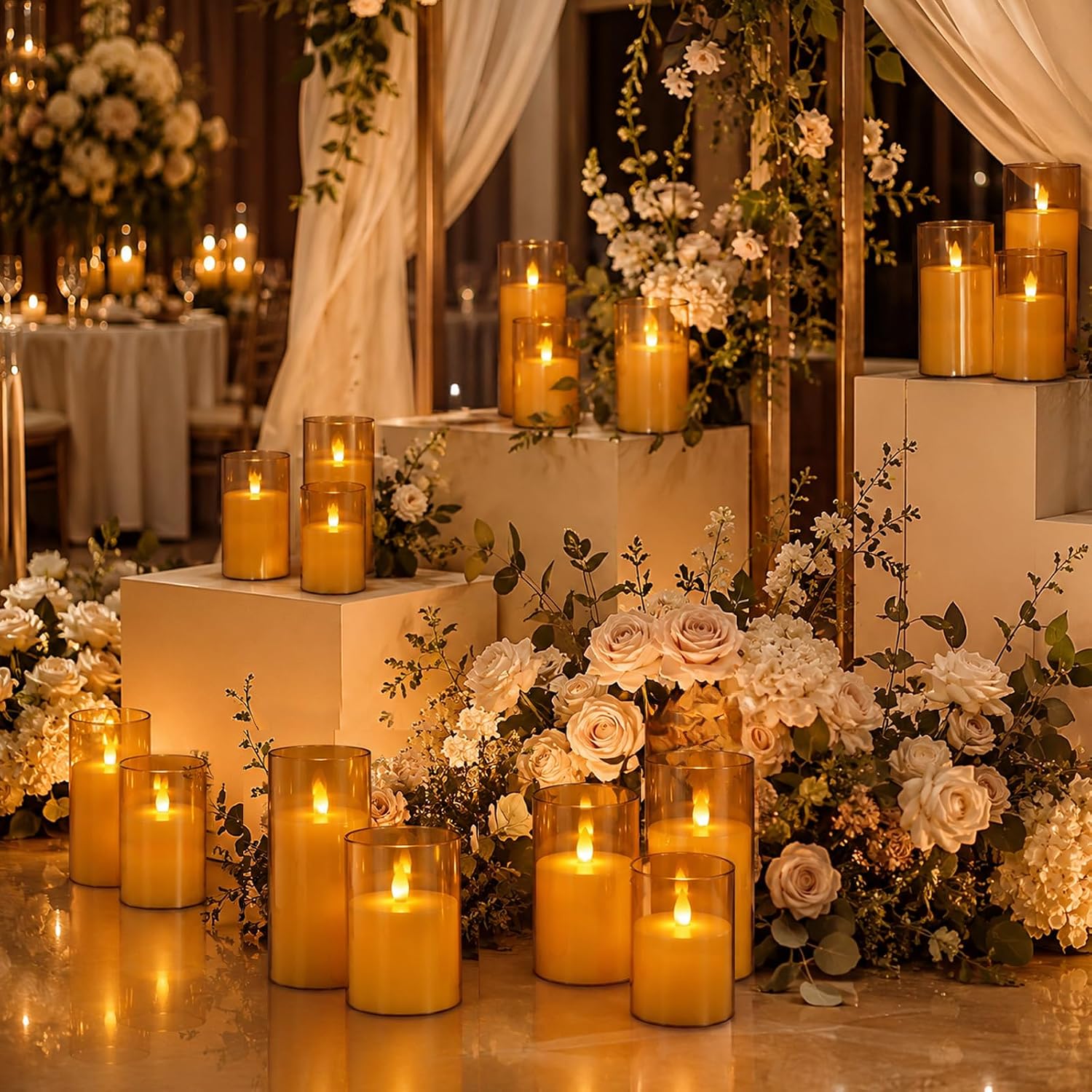 Flameless Candles with Moving Climbing Flame, 12-Pack 4" 5" 6"H LED Pillar Candles, 8-Key Remote, Battery Operated (2 AA Not Included), Bulk Decor for Weddings, Banquets & Grand Events (Amber Ivory)