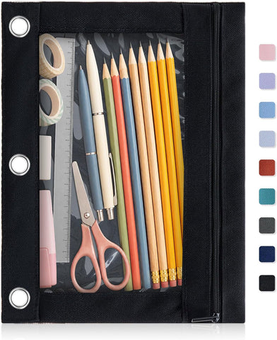 Binder Pencil Pouch for 3 Ring Binder, Clear Pencil Case Box Bag, Aesthetic Pen Organizer for School Supplies with Zipper, Back to School for Girls Boys, 1 Pack, Black