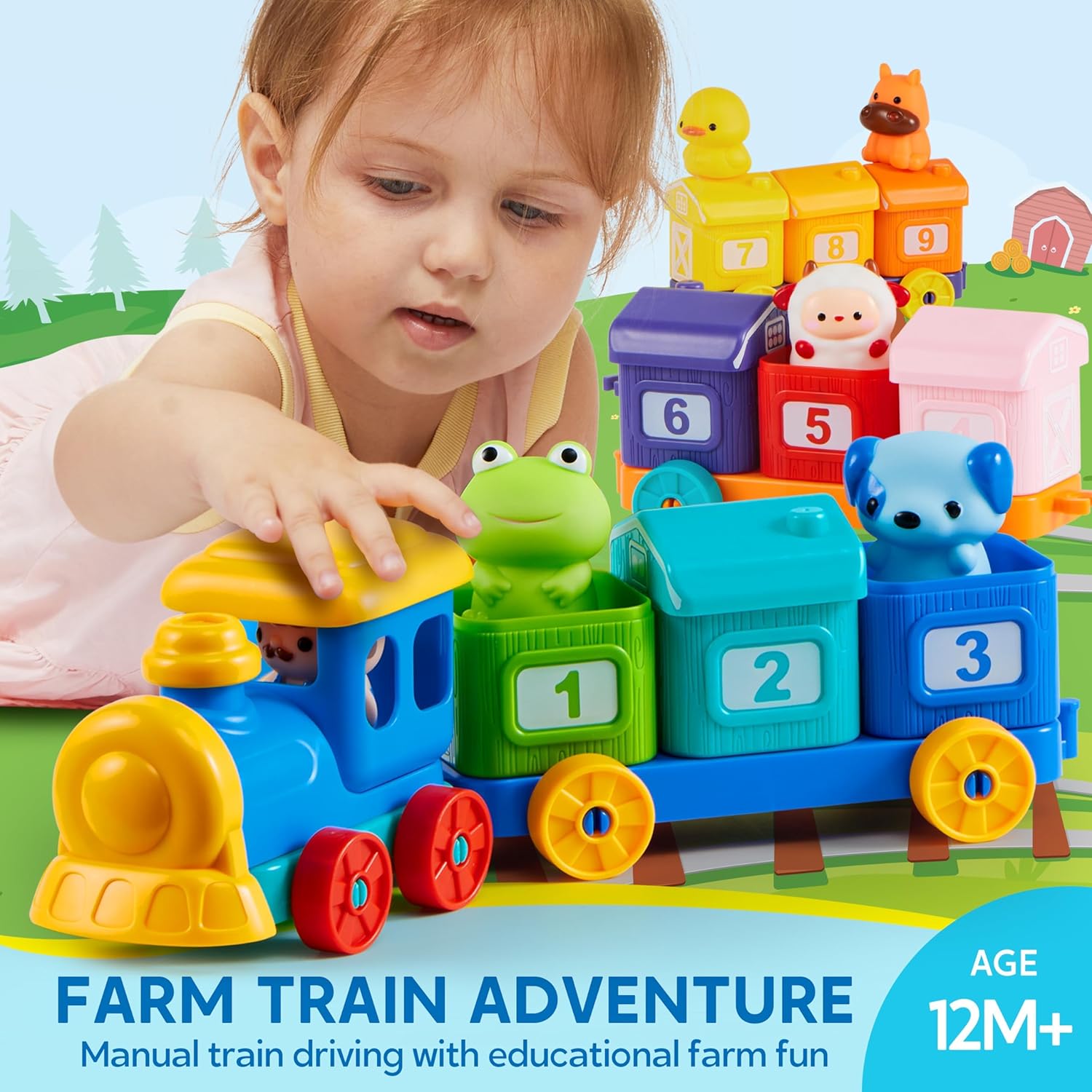 Play-Act Learning Toys for 1 2 3 Years Old, Counting, Matching & Sorting Montessori Learning Farm Train Including 9 Farm Animals, Birthday Gift for Baby Boys Girls