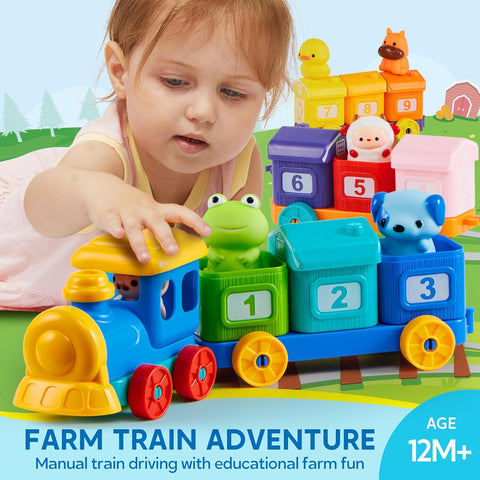 Play-Act Learning Toys for 1 2 3 Years Old, Counting, Matching & Sorting Montessori Learning Farm Train Including 9 Farm Animals, Birthday Gift for Baby Boys Girls