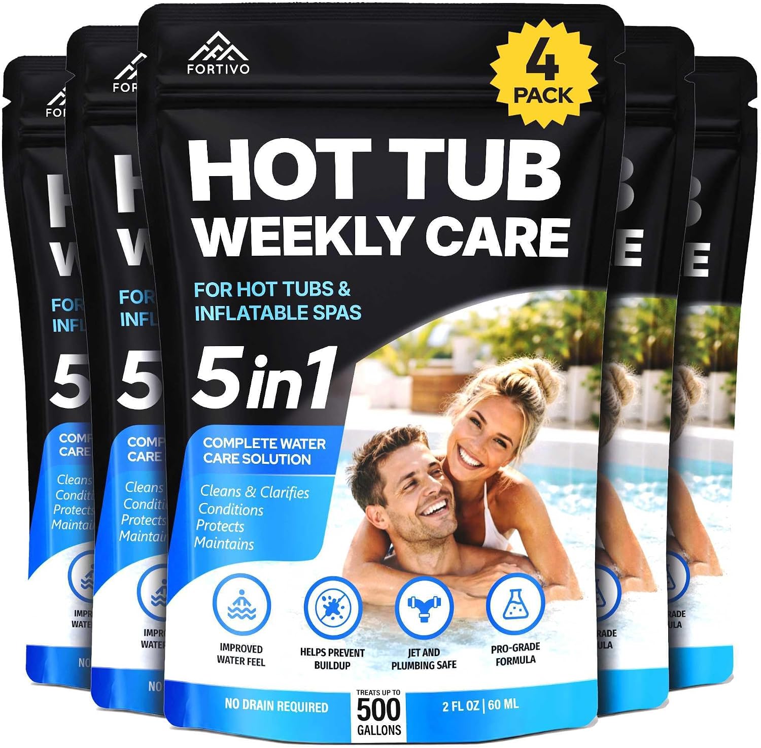 5-in-1 Hot Tub Weekly Care - Water Clarifier and Conditioner for Sparkling Soft Spa Water, Safe on Hot Tub Surfaces and Components, for Acrylic, Inflatable, Portable, Hard Shell Spas - 4 Pouches